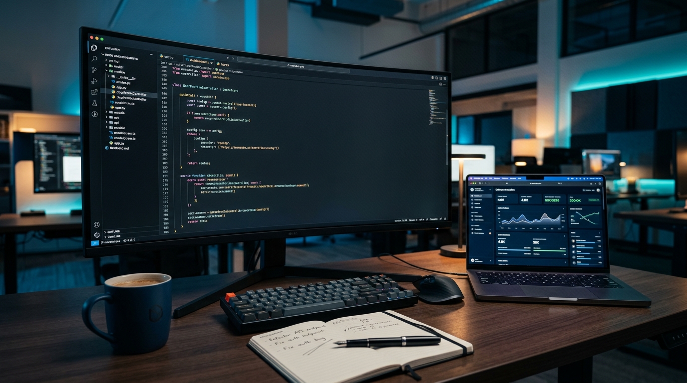 Software development workstation at Gurame Studio showing code and dashboards