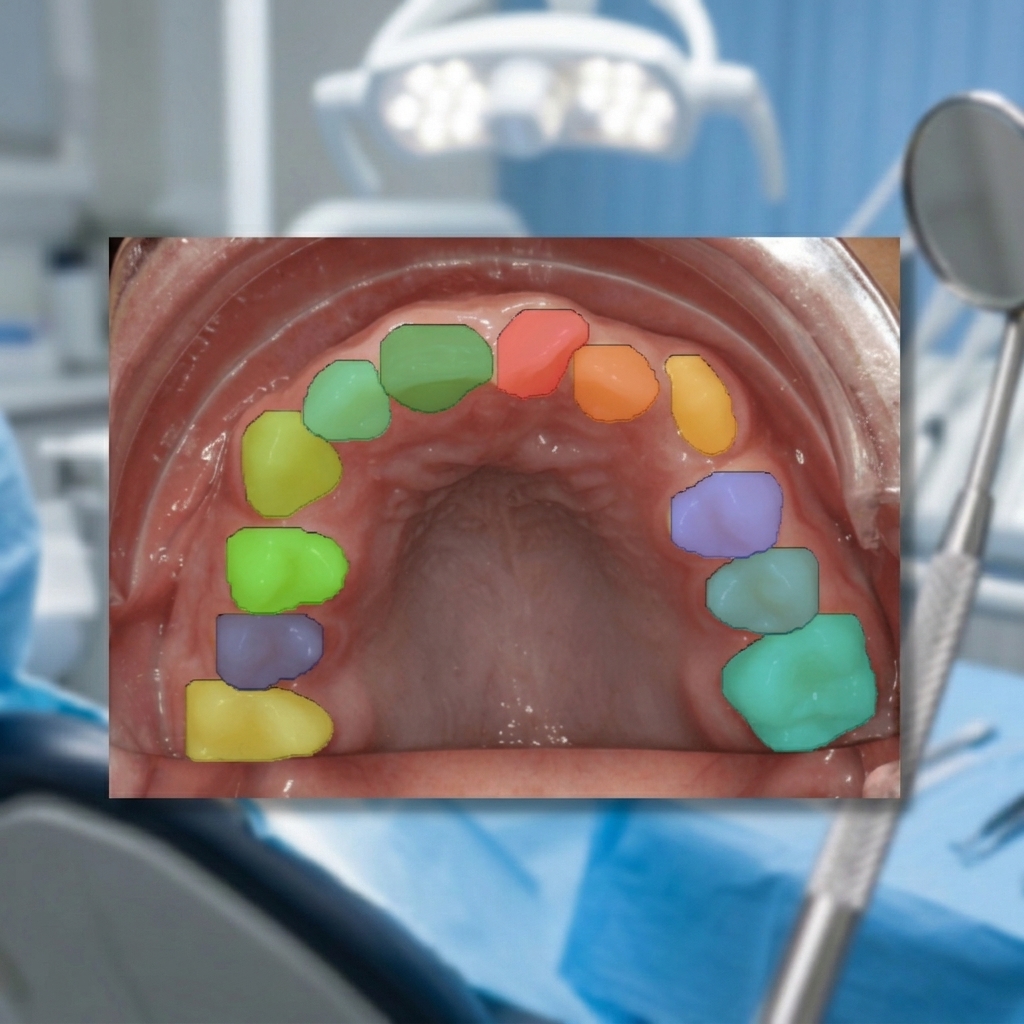 Intraoral dental photograph with AI segmentation overlay showing tooth-by-tooth analysis