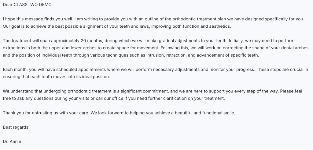 Pre-generated patient letter explaining treatment plan