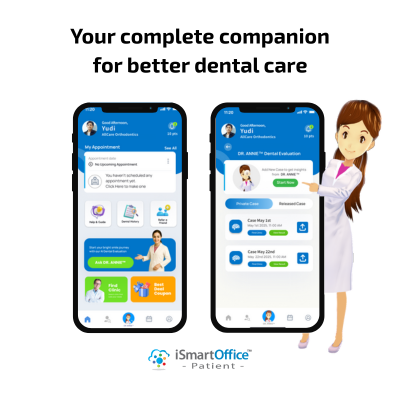 iSmartOffice Patient App — Mobile interface for finding clinics, booking appointments, and AI dental evaluation